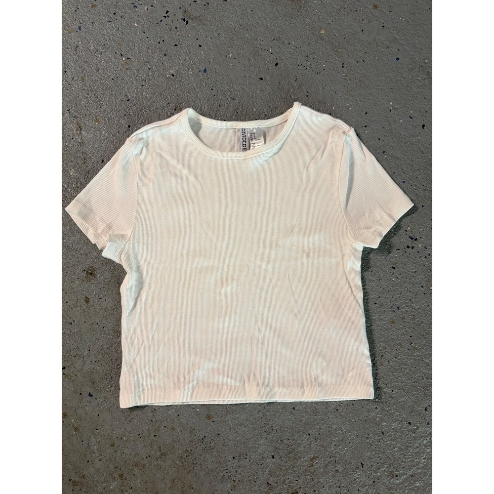 HM Divided White Ribbed Baby Tee Short Sleeve Crew Neck Top Womens Medium